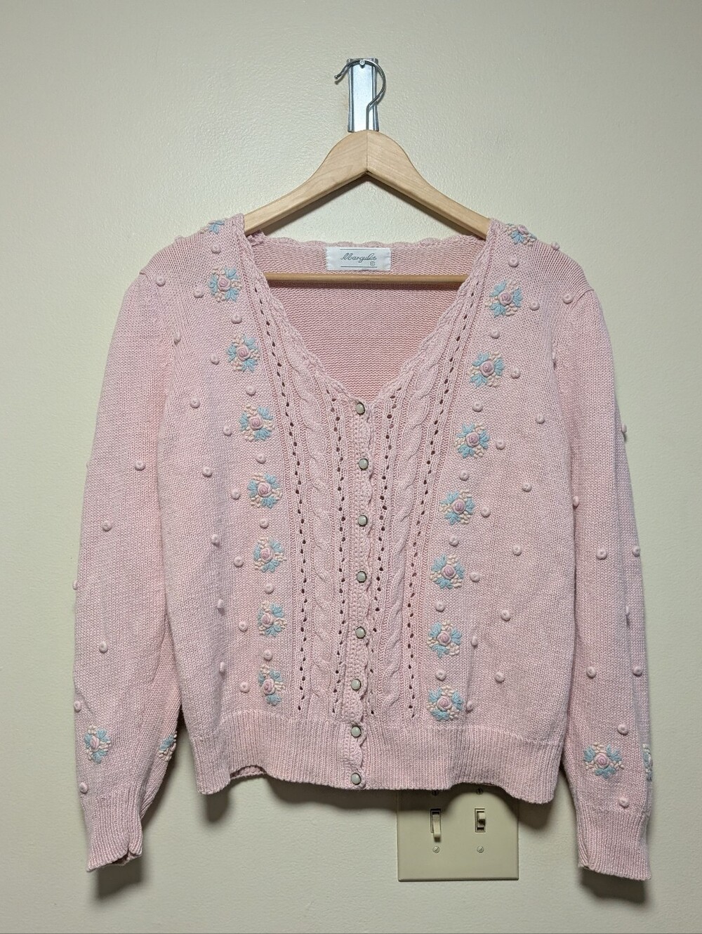 Margules Vintage Pink Floral Embroidered Bobble Knit Cardigan Medium